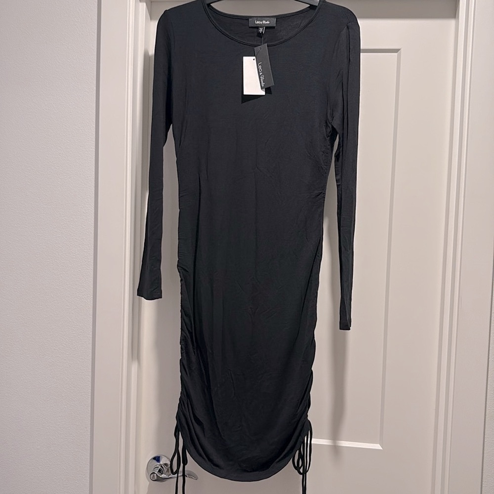 NWT [Lea & Viola] Black Long Sleeve Cinched Rouched Drawstring Dress Women’s S - Picture 4 of 14
